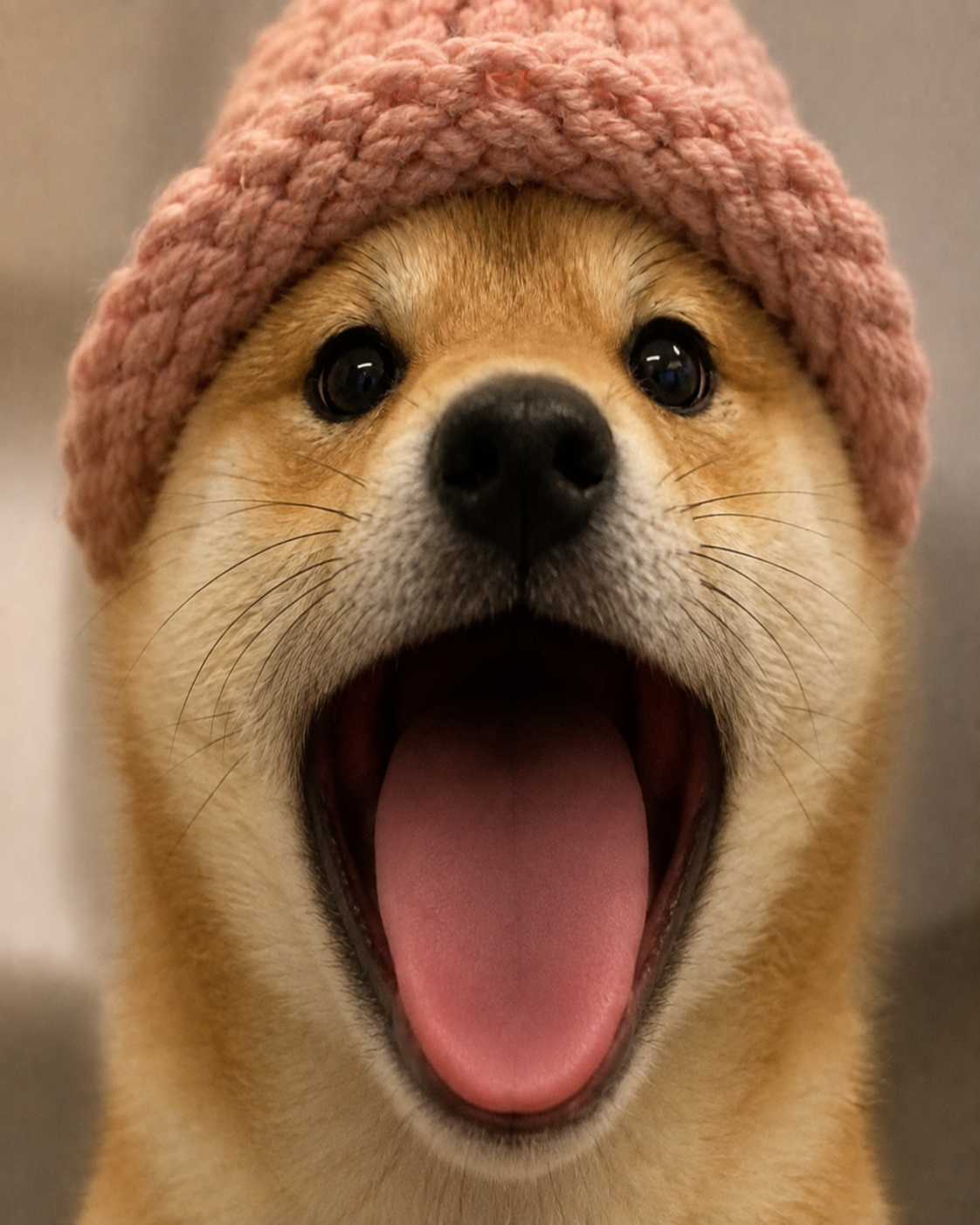 Popdogwifhat in a cafe wearing a knitted pink hat
