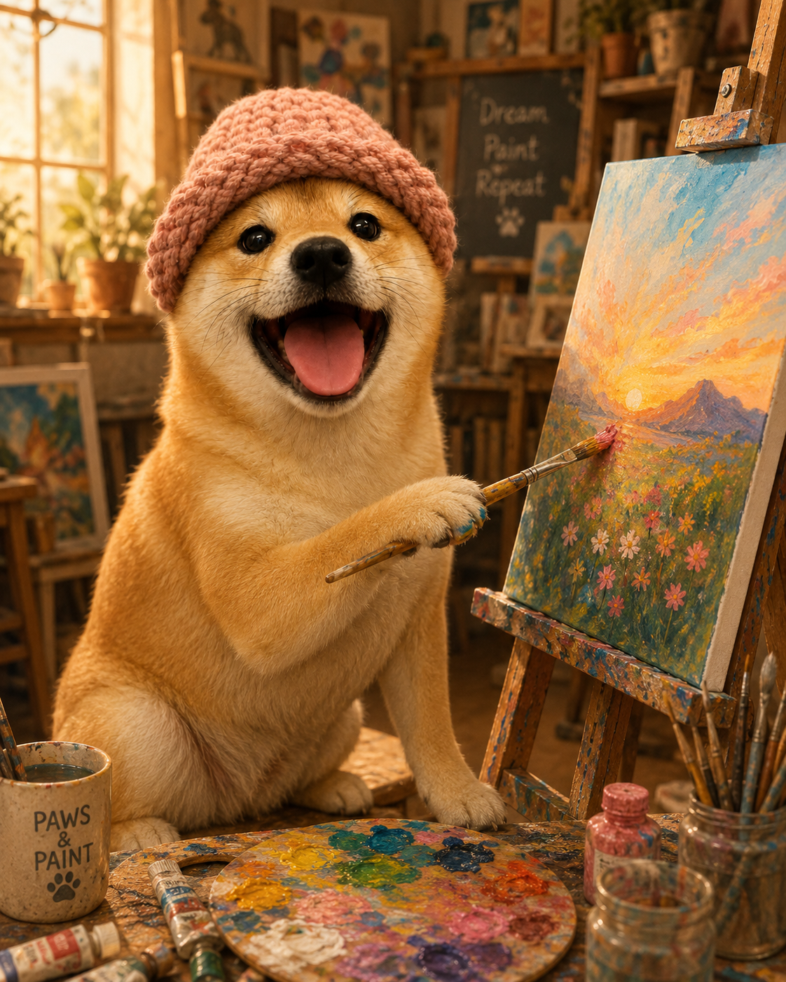 Popdogwifhat painting in a bright art studio