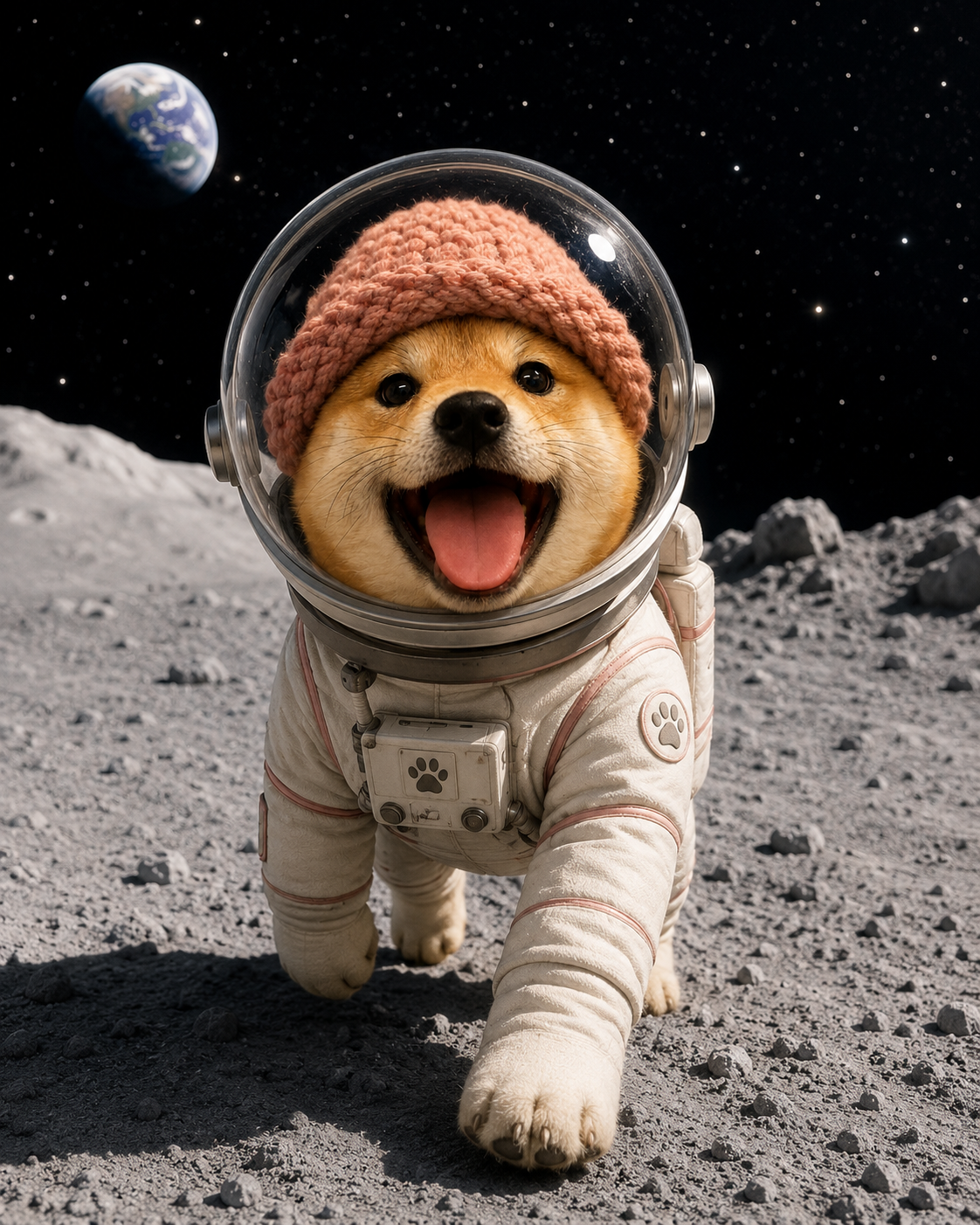 Popdogwifhat in a space suit on the Moon